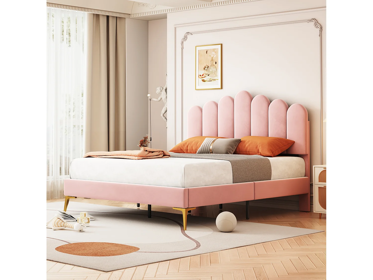 Lit double capitonné 140x200cm - cadre de lit avec sommier à lattes, et tête de lit style barre verticale pour adultes et adolescents, velours - rose