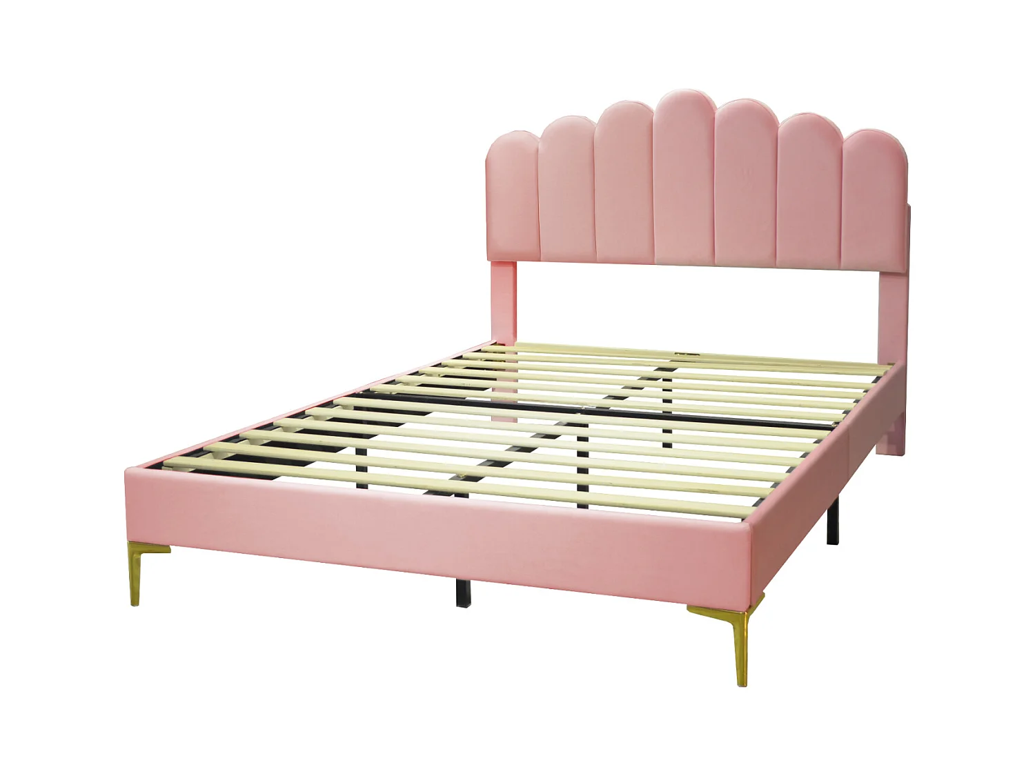 Gestoffeerd tweepersoonsbed 140x200cm - bedframe met lattenbodem en verticaal hoofdeinde in balkstijl voor volwassenen en tieners, fluweel - roze