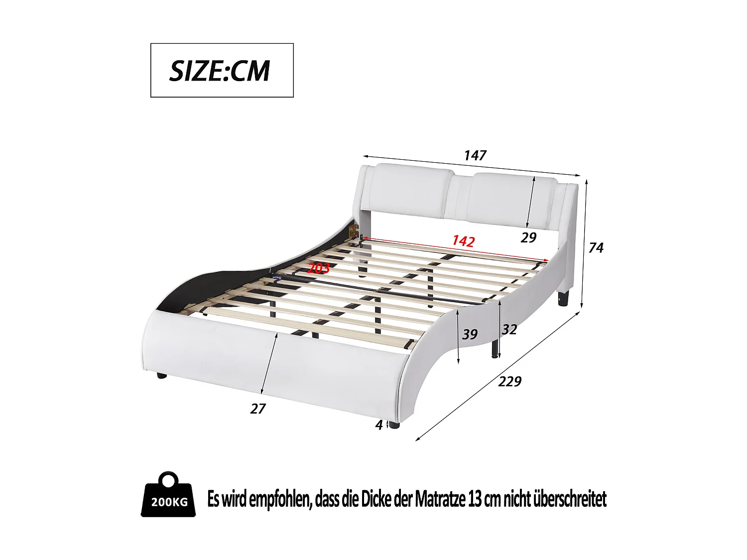 Lit adulte capitonné 140x200cm, lit en similicuir, cadre de lit lumineux LED, sommiers à lattes, tête de lit, blanc