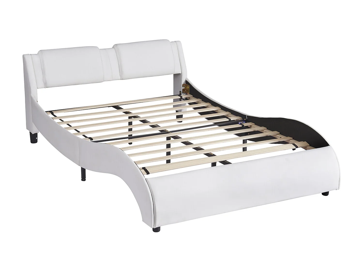 Lit adulte capitonné 140x200cm, lit en similicuir, cadre de lit lumineux LED, sommiers à lattes, tête de lit, blanc
