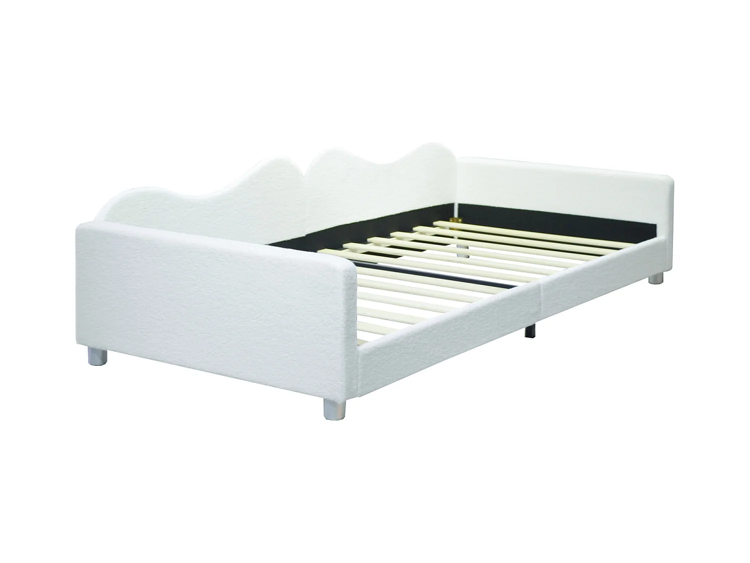 Kinderbed 1-persoonsbed 90x200cm - Teddy stof bekleed bed met lattenbodem en rugleuning en armleuningen, witte slaapbank