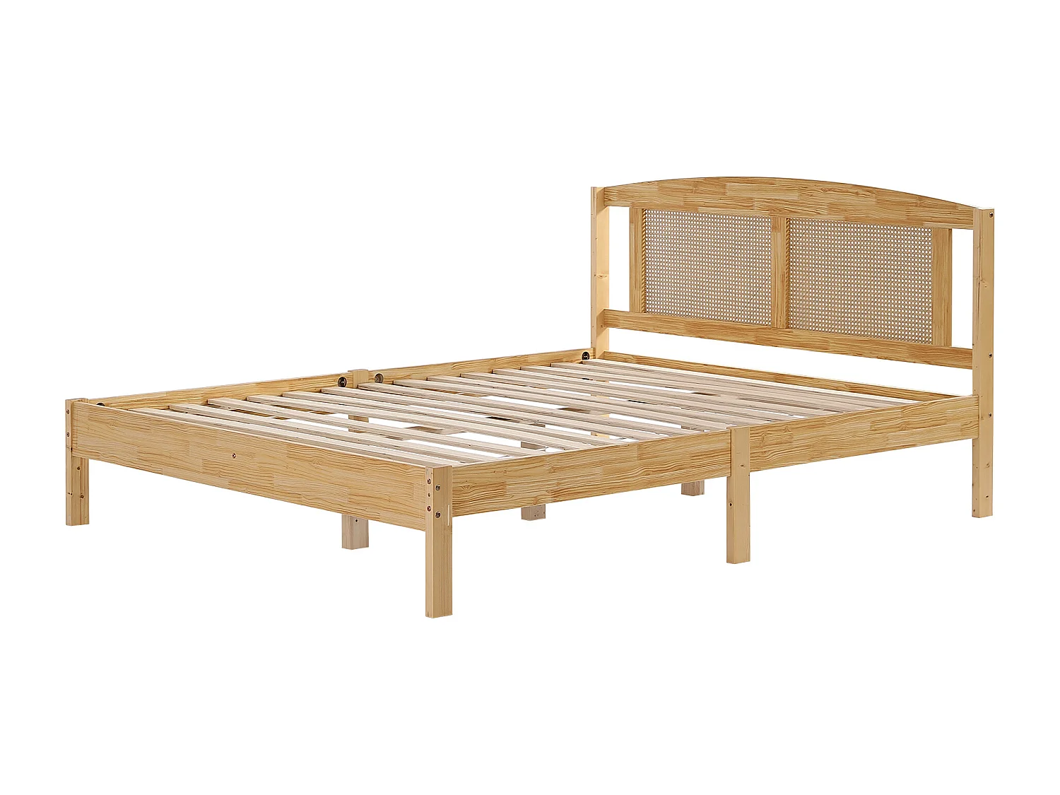 Tweepersoonsbed 160x200cm, volwassen bed in rotan design, met lattenbodem en hoofdbord, grenen + PE rotan, Naturel