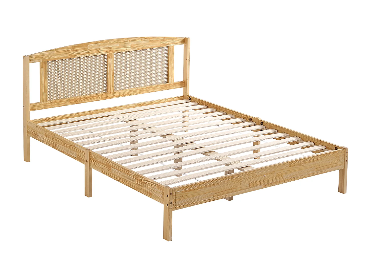 Tweepersoonsbed 160x200cm, volwassen bed in rotan design, met lattenbodem en hoofdbord, grenen + PE rotan, Naturel