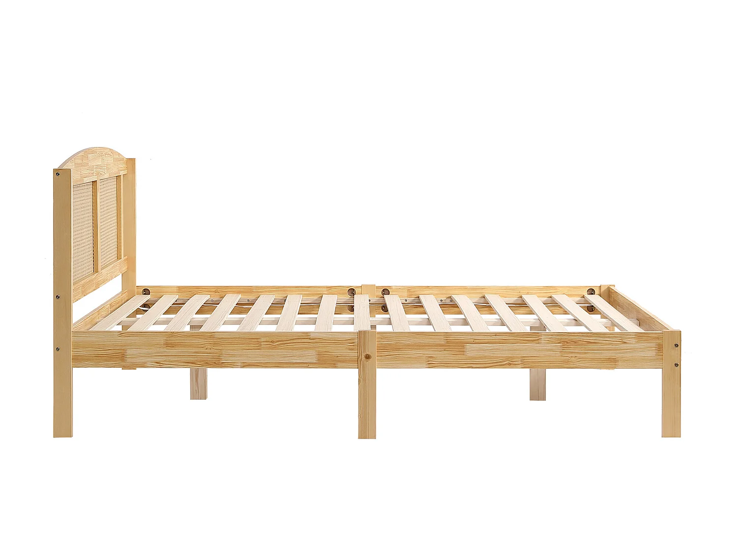 Tweepersoonsbed 160x200cm, volwassen bed in rotan design, met lattenbodem en hoofdbord, grenen + PE rotan, Naturel