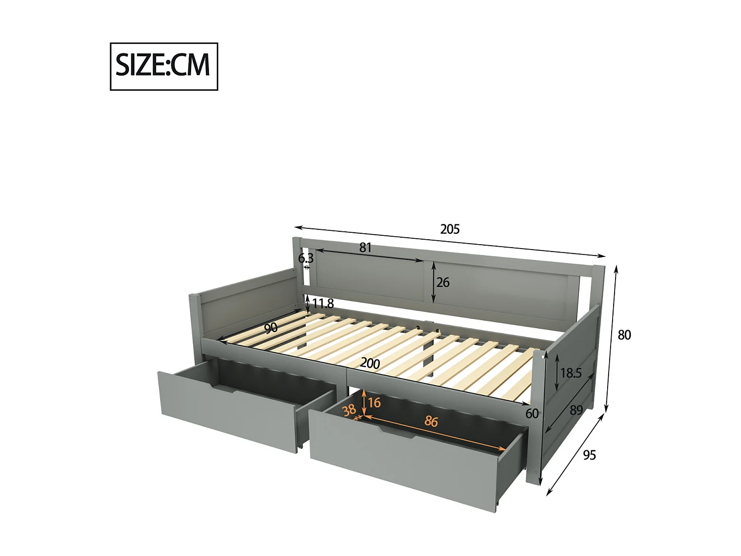 Cama de solteiro 90x200cm com 2 gavetas, estrutura de madeira maciça, com estrado de ripas, cinza