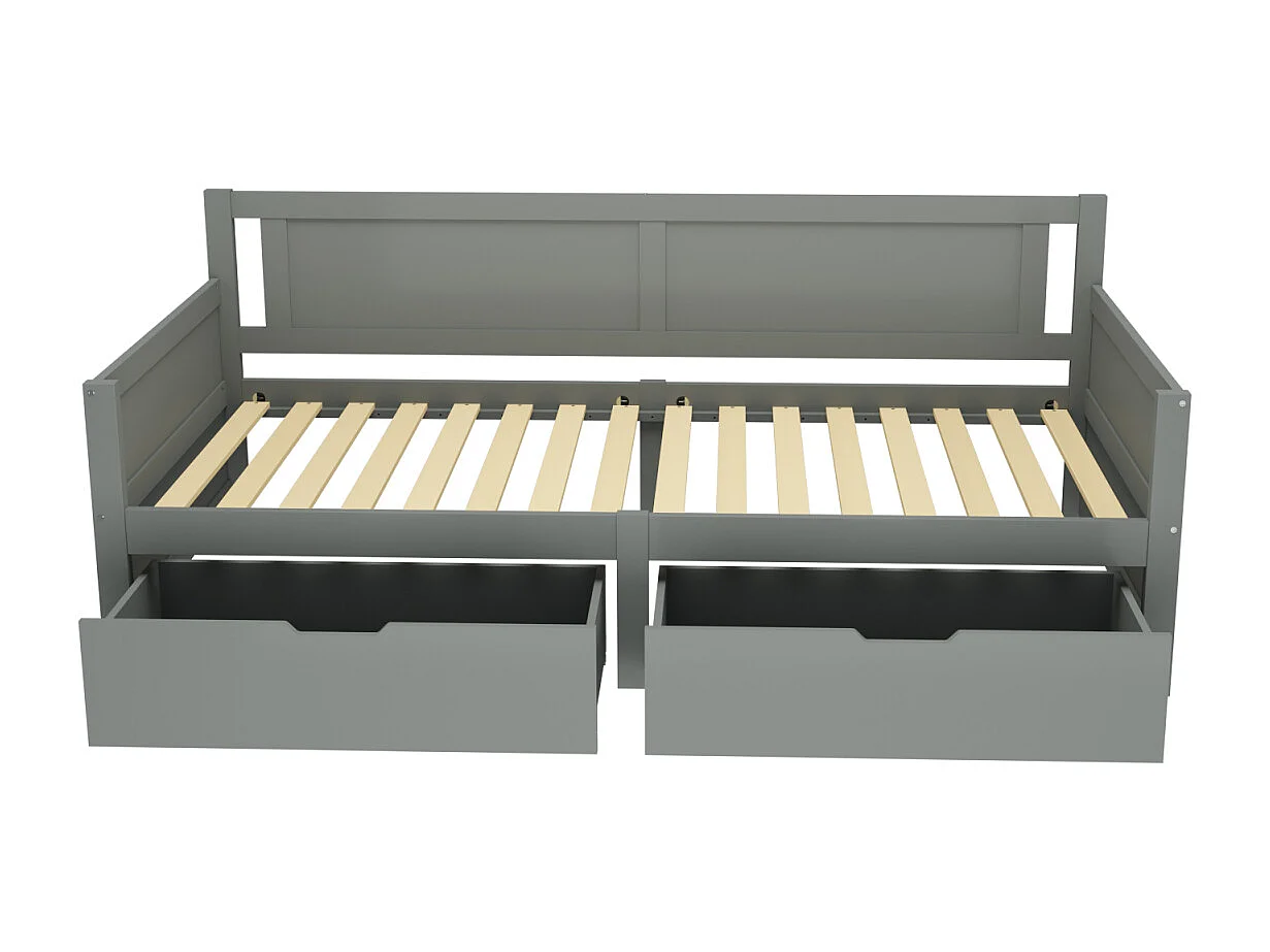 Cama de solteiro 90x200cm com 2 gavetas, estrutura de madeira maciça, com estrado de ripas, cinza