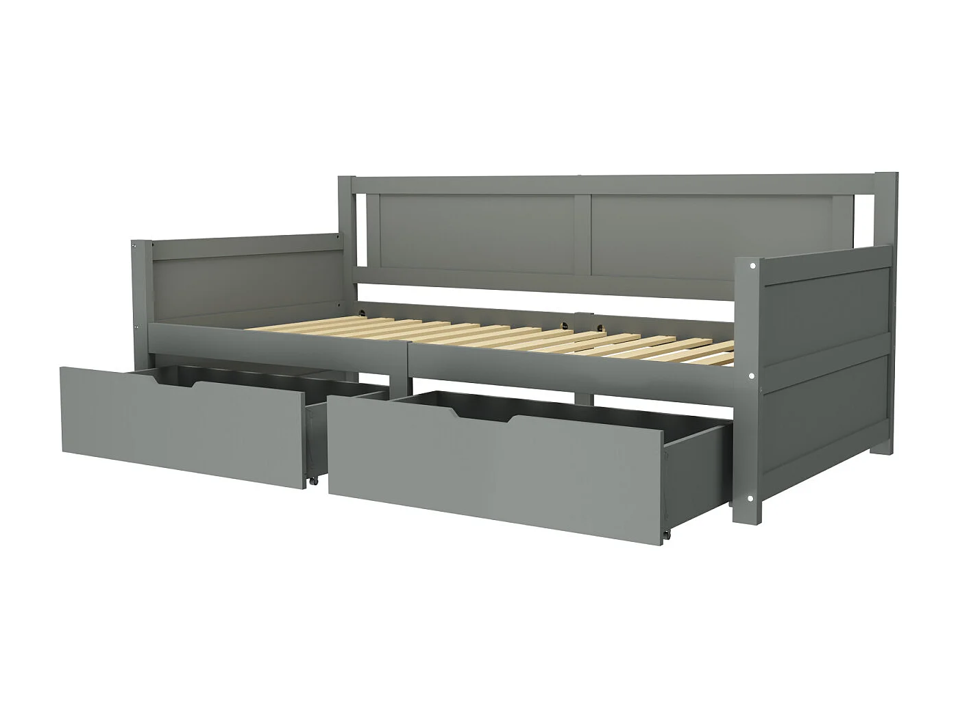 Cama de solteiro 90x200cm com 2 gavetas, estrutura de madeira maciça, com estrado de ripas, cinza