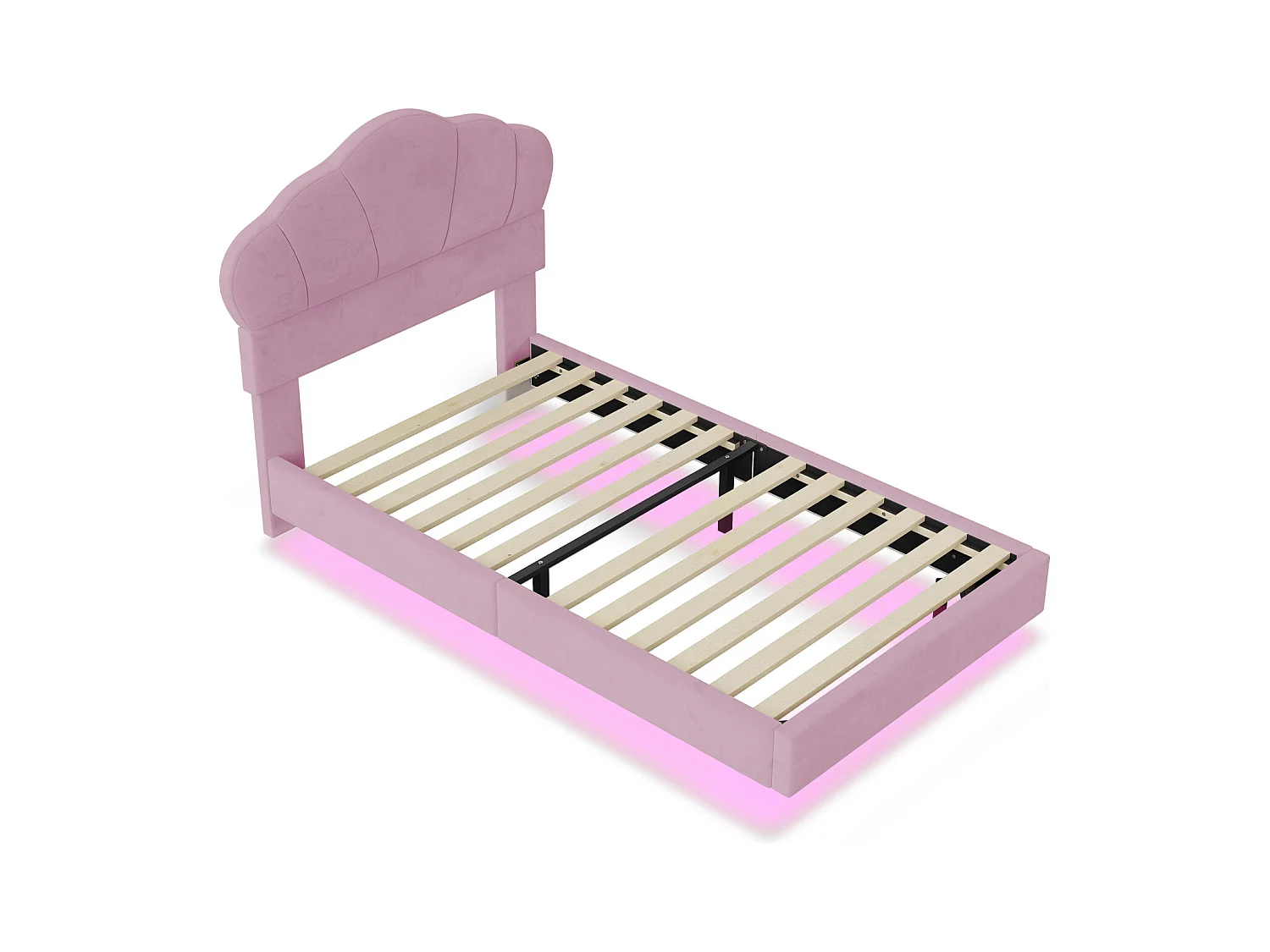 Eenpersoonsbed 90x200cm, LED-bed met lattenbodem en hoofdbord in de vorm van een wolk, verborgen voeteneinde, roze fluwelen stof