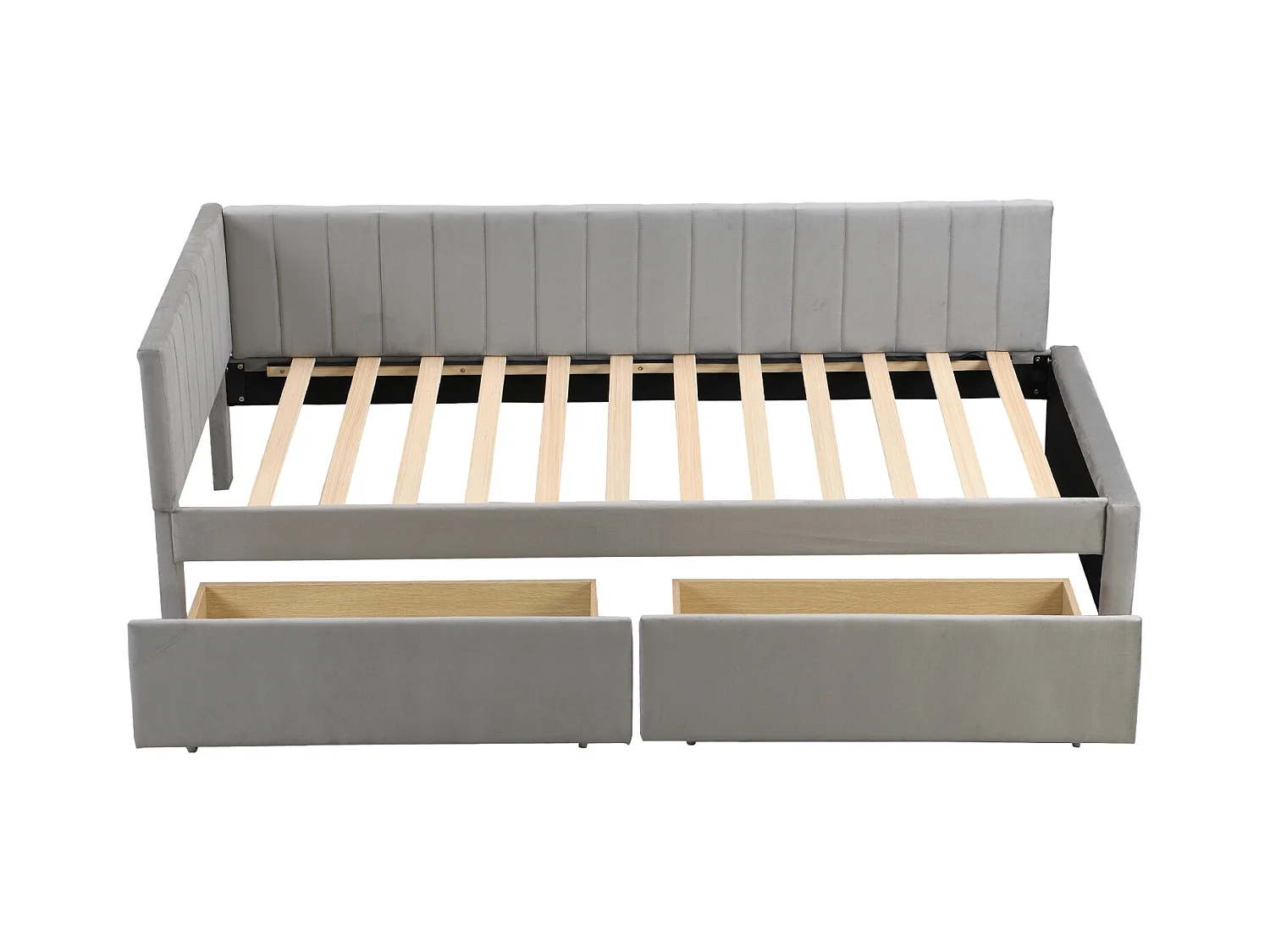 Lit simple d'enfant 90x200cm avec 2 grands tiroirs lit en velours avec sommier à lattes et 2 barrière de lit, gris