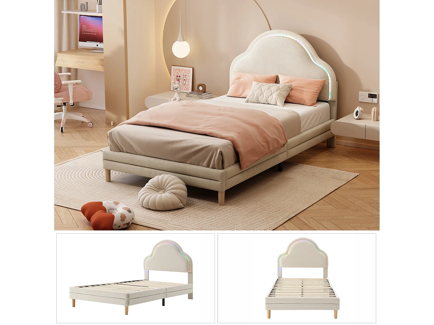 Lit simple 90x200cm, lit capitonné velours avec bandes LED couleurs variées, sommier à lattes, et tête de lit en forme de nuage, beige