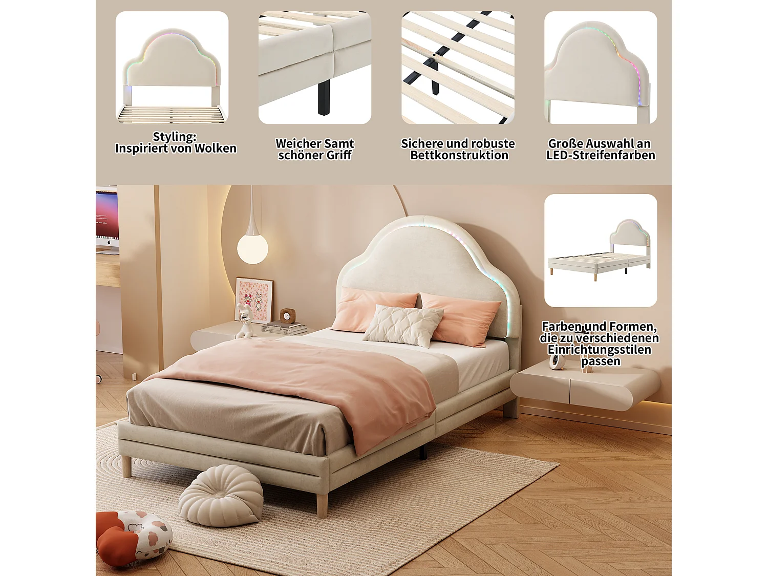 Lit simple 90x200cm, lit capitonné velours avec bandes LED couleurs variées, sommier à lattes, et tête de lit en forme de nuage, beige