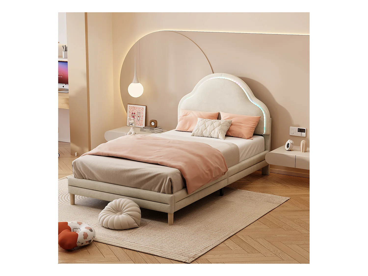 Eenpersoonsbed 90x200cm, fluwelen gestoffeerd bed met ledstrips in diverse kleuren, lattenbodem en hoofdbord in de vorm van een wolk, beige