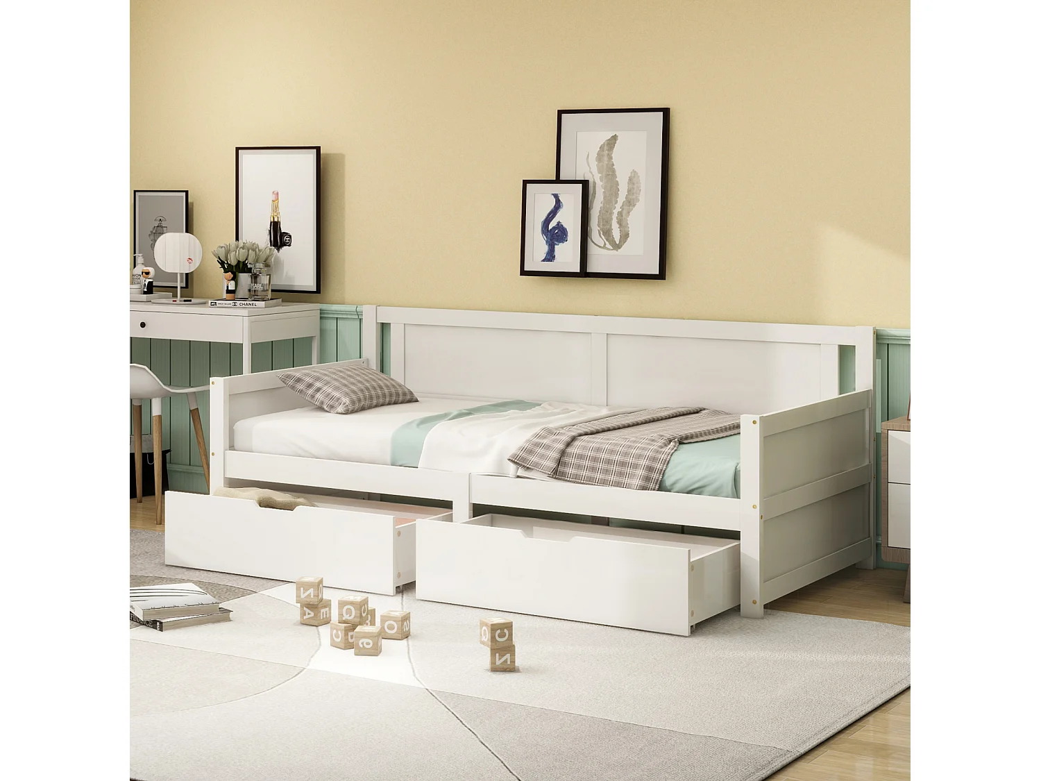 Cama de solteiro 90x200cm com 2 gavetas, estrutura de madeira maciça, com estrado de ripas, branca