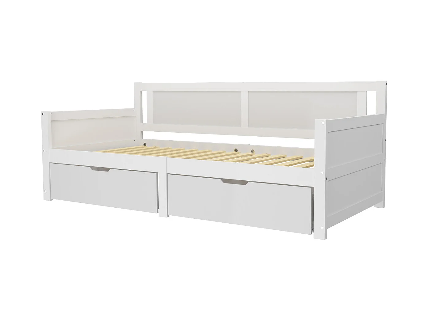 Cama de solteiro 90x200cm com 2 gavetas, estrutura de madeira maciça, com estrado de ripas, branca