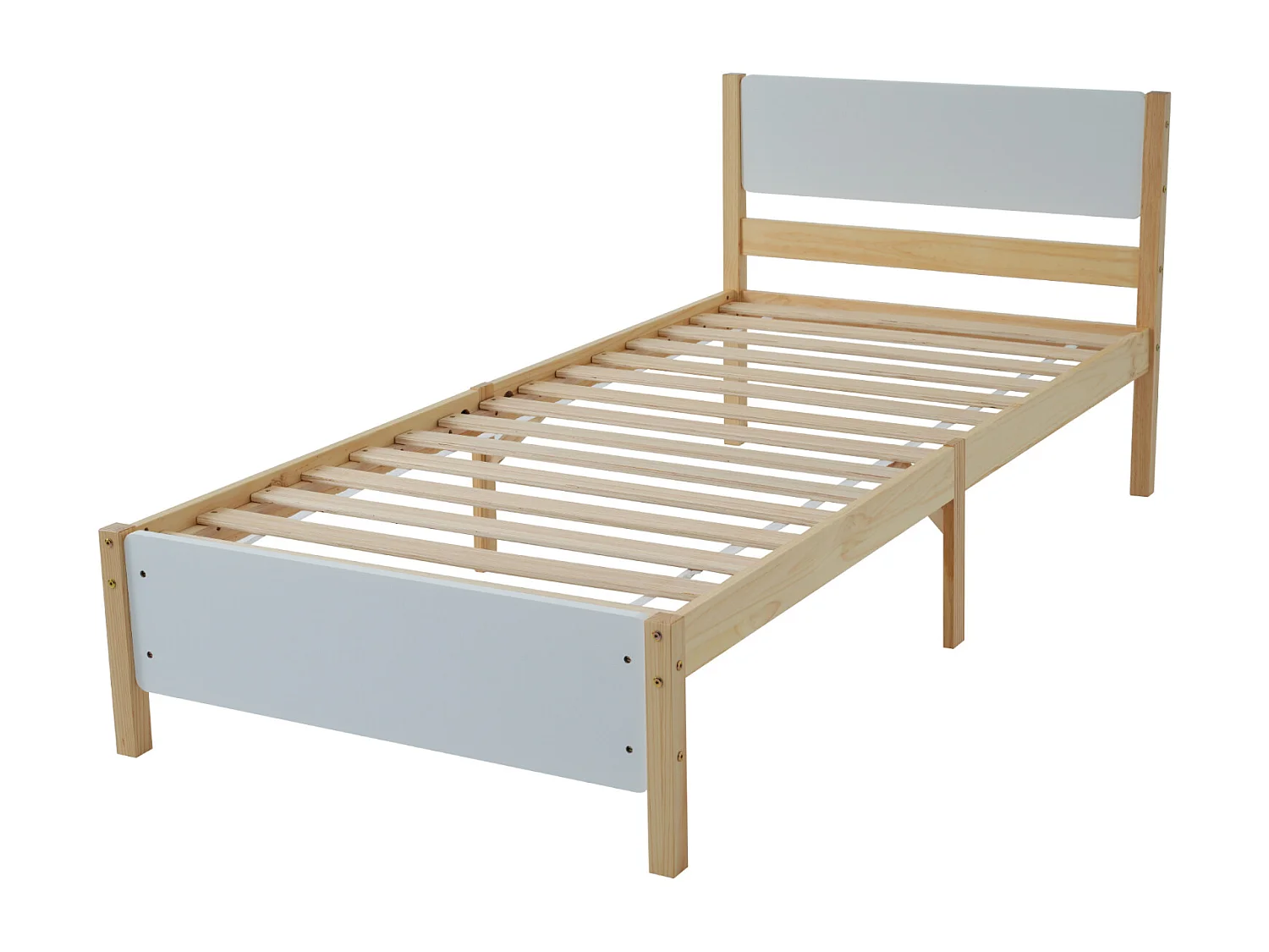 Cama individual de madera para adulto - estructura de pino con cabecero y somier - cama de MDF blanco + natural - 90x200 cm