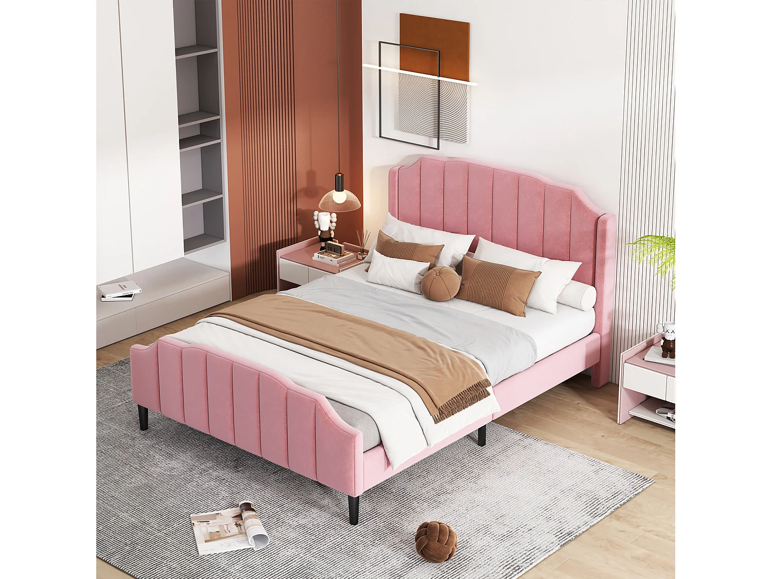 Cama de casal estofada 140 x 200 cm - cama de casal em veludo, estrutura de madeira MDF, estrado de ripas incluído - Rosa