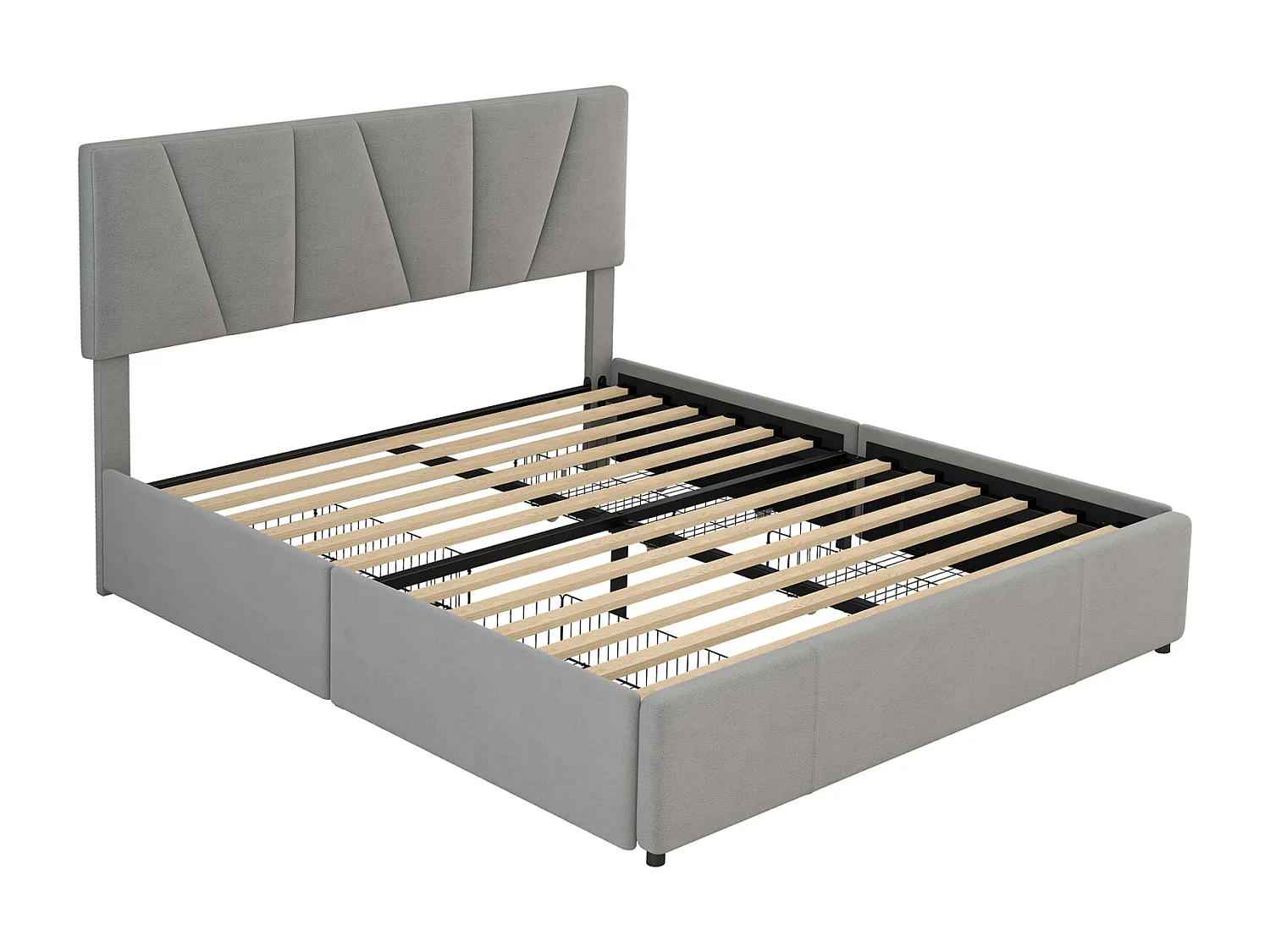 Volwassen bed 140x200cm in fluwelen stof - met 4 lades - verstelbaar hoofdeinde en lattenbodem - Grijs