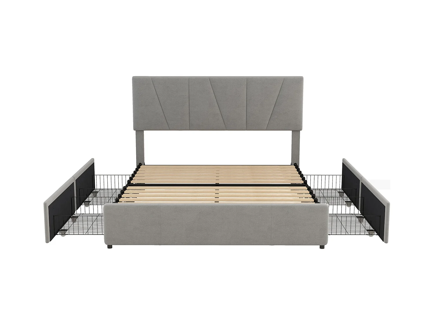 Volwassen bed 140x200cm in fluwelen stof - met 4 lades - verstelbaar hoofdeinde en lattenbodem - Grijs