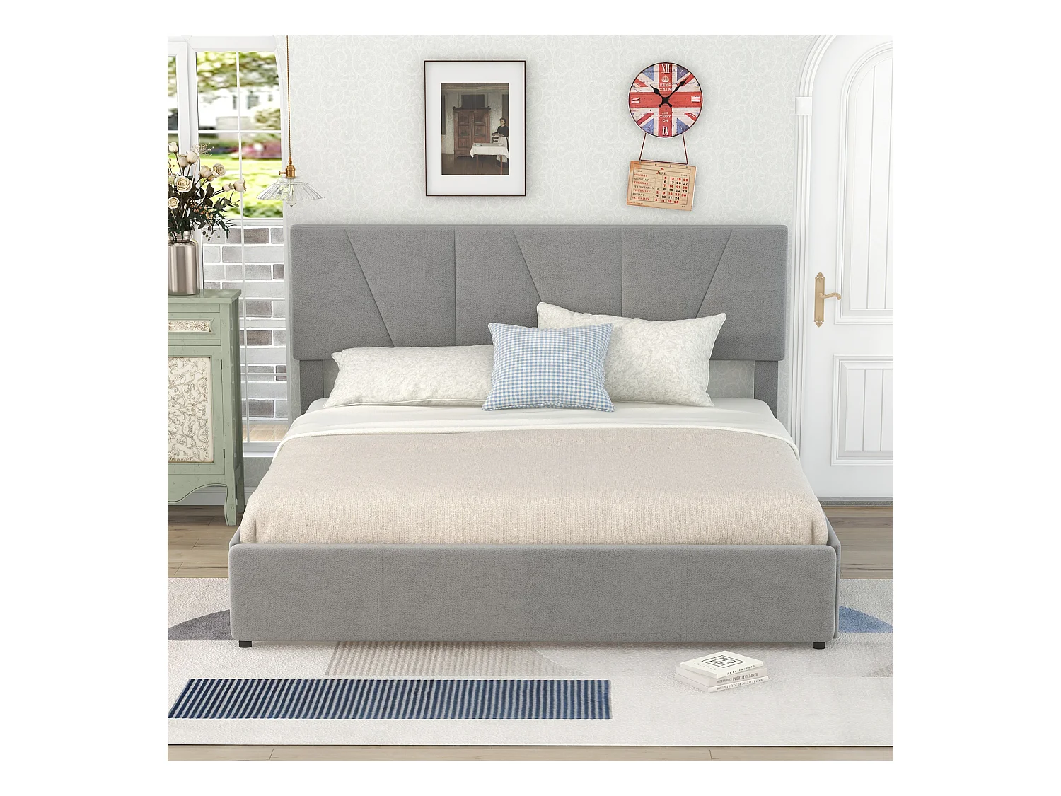 Volwassen bed 140x200cm in fluwelen stof - met 4 lades - verstelbaar hoofdeinde en lattenbodem - Grijs