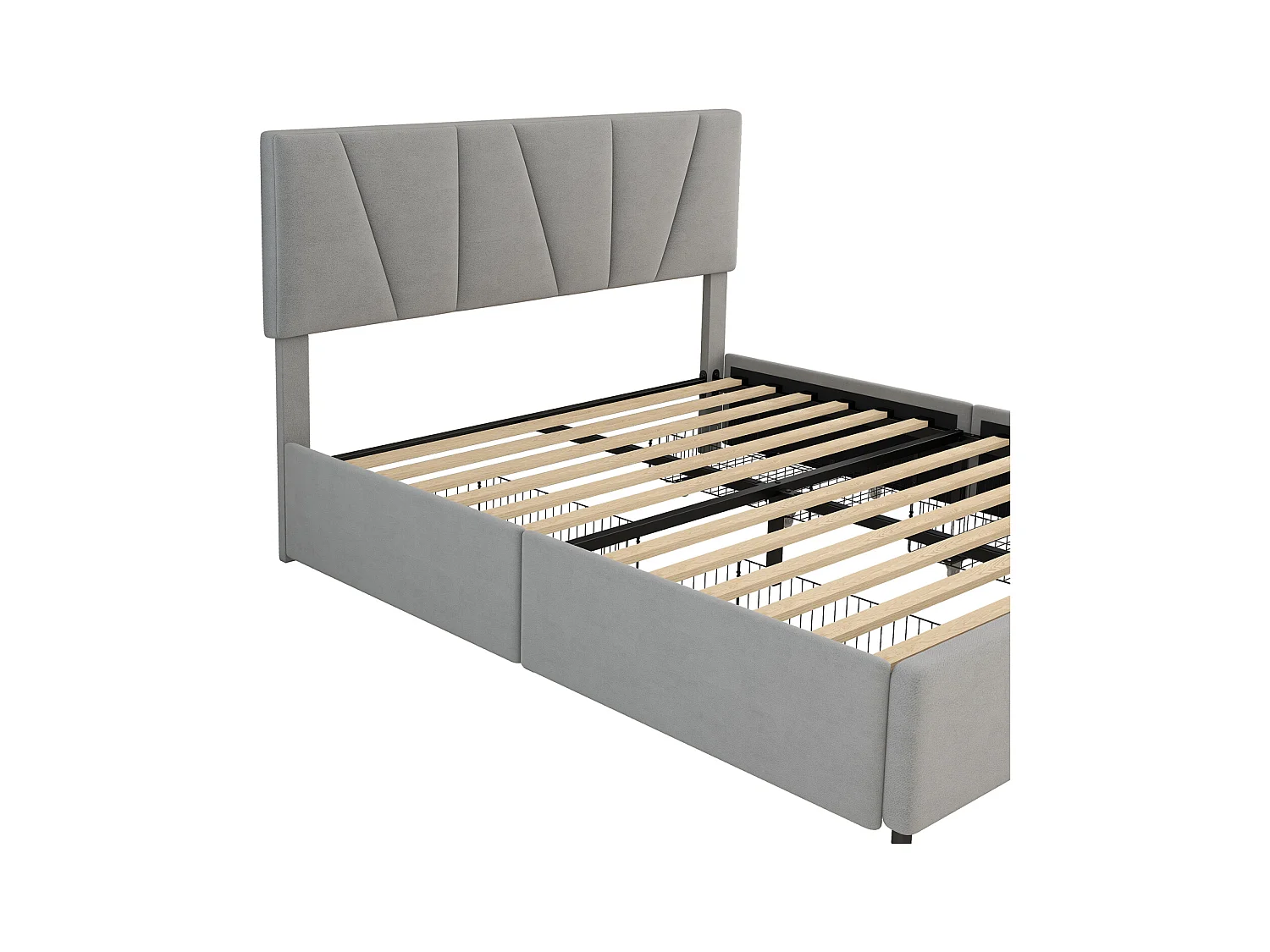 Volwassen bed 140x200cm in fluwelen stof - met 4 lades - verstelbaar hoofdeinde en lattenbodem - Grijs