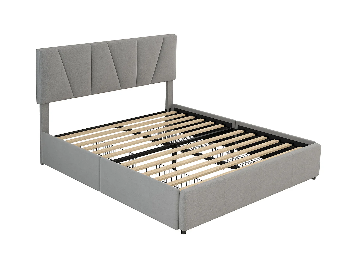 Volwassen bed 140x200cm in fluwelen stof - met 4 lades - verstelbaar hoofdeinde en lattenbodem - Grijs