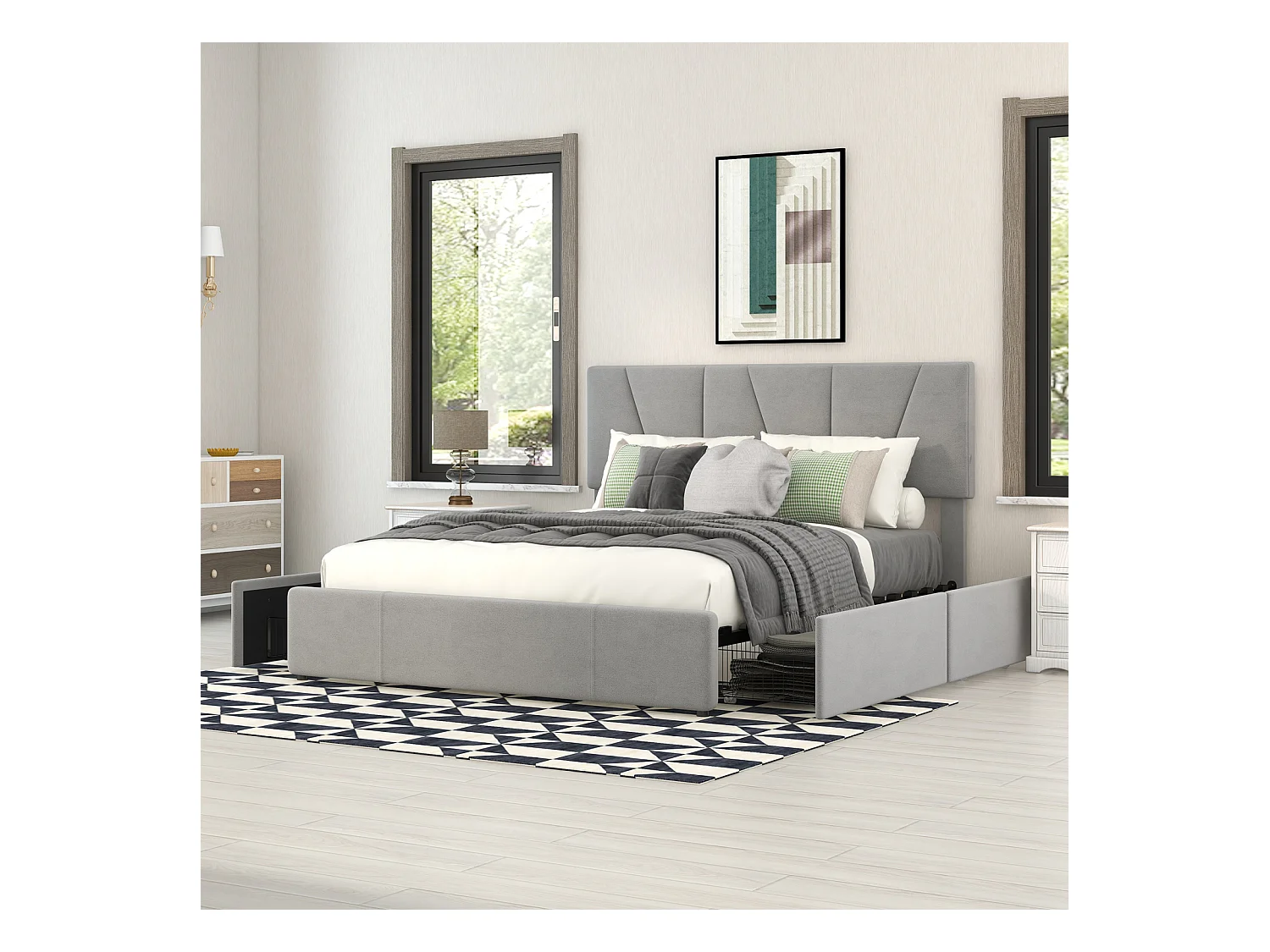 Volwassen bed 140x200cm in fluwelen stof - met 4 lades - verstelbaar hoofdeinde en lattenbodem - Grijs