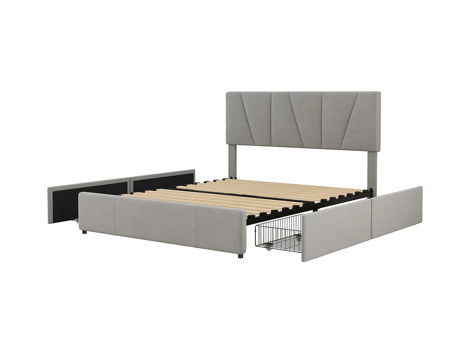 Volwassen bed 140x200cm in fluwelen stof - met 4 lades - verstelbaar hoofdeinde en lattenbodem - Grijs