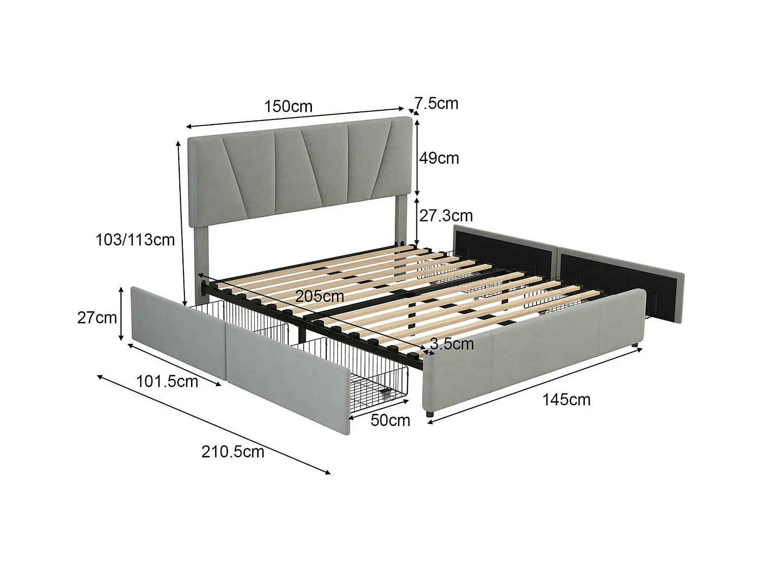 Volwassen bed 140x200cm in fluwelen stof - met 4 lades - verstelbaar hoofdeinde en lattenbodem - Grijs