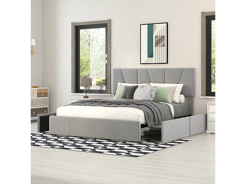 Volwassen bed 140x200cm in fluwelen stof - met 4 lades - verstelbaar hoofdeinde en lattenbodem - Grijs