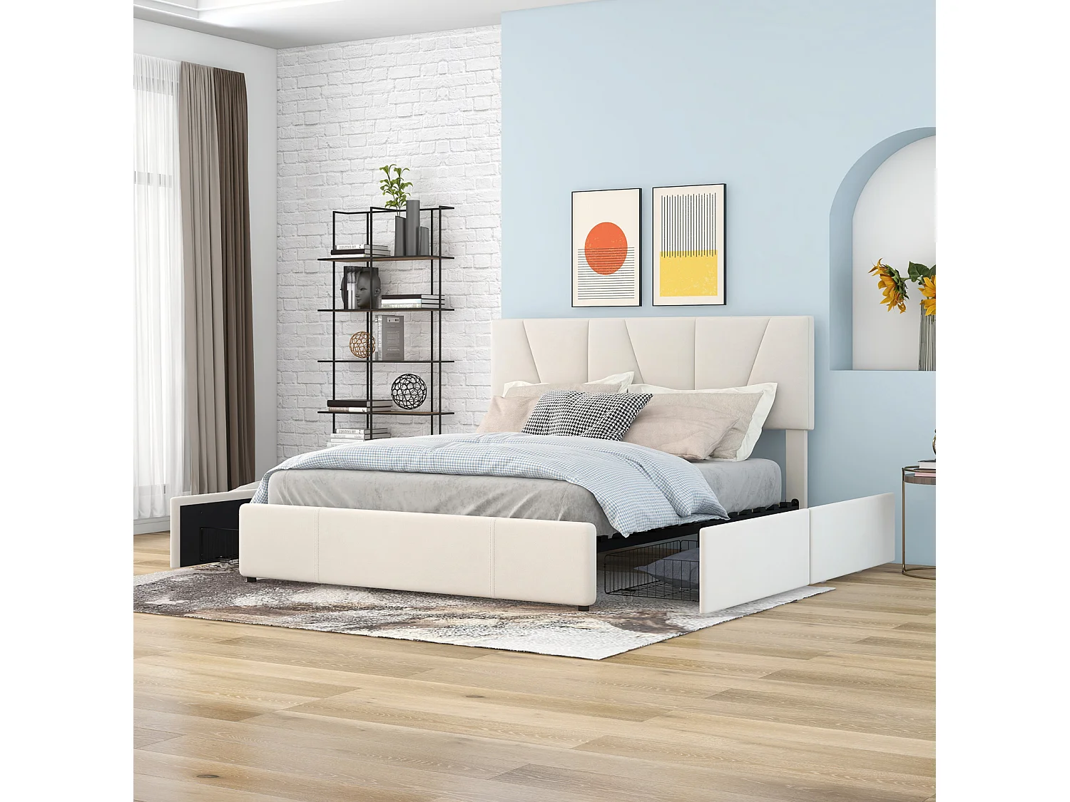 Volwassen bed 140x200cm in fluwelen stof - met 4 lades - verstelbaar hoofdeinde en lattenbodem - Wit