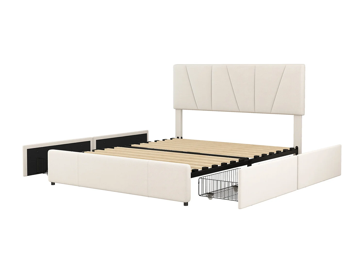 Volwassen bed 140x200cm in fluwelen stof - met 4 lades - verstelbaar hoofdeinde en lattenbodem - Wit