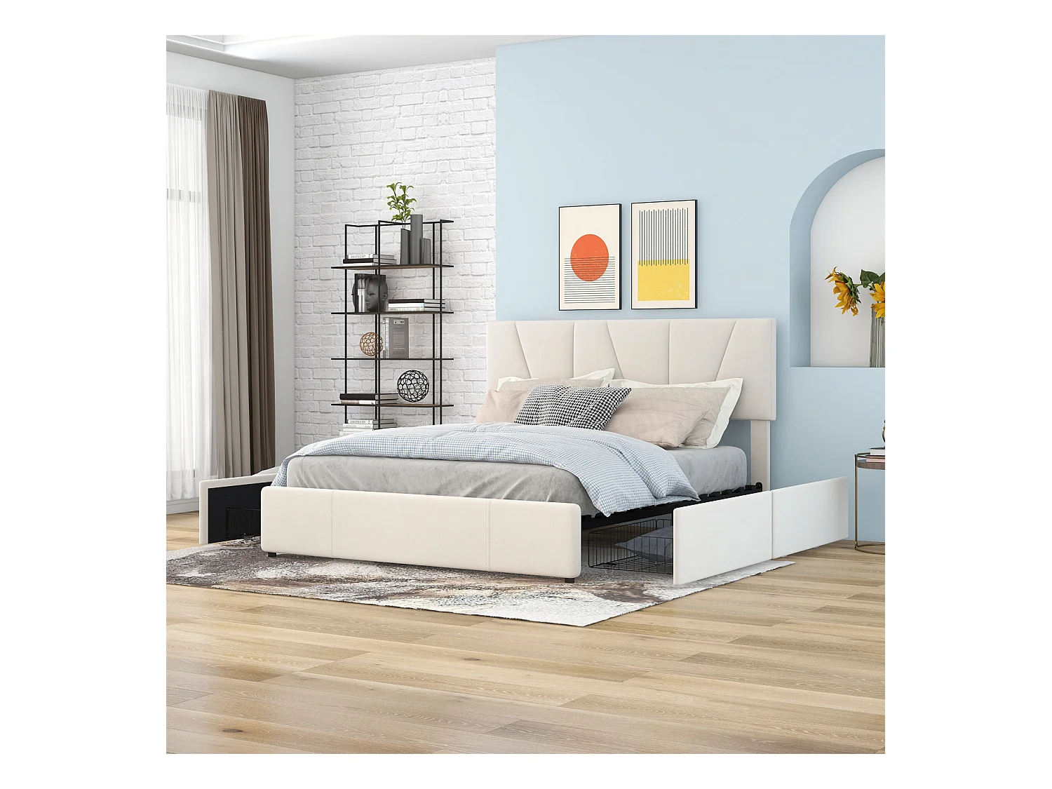 Lit adulte 140x200cm en tissu velours - avec 4 tiroirs - tête de lit réglable et sommier à lattes - Blanc