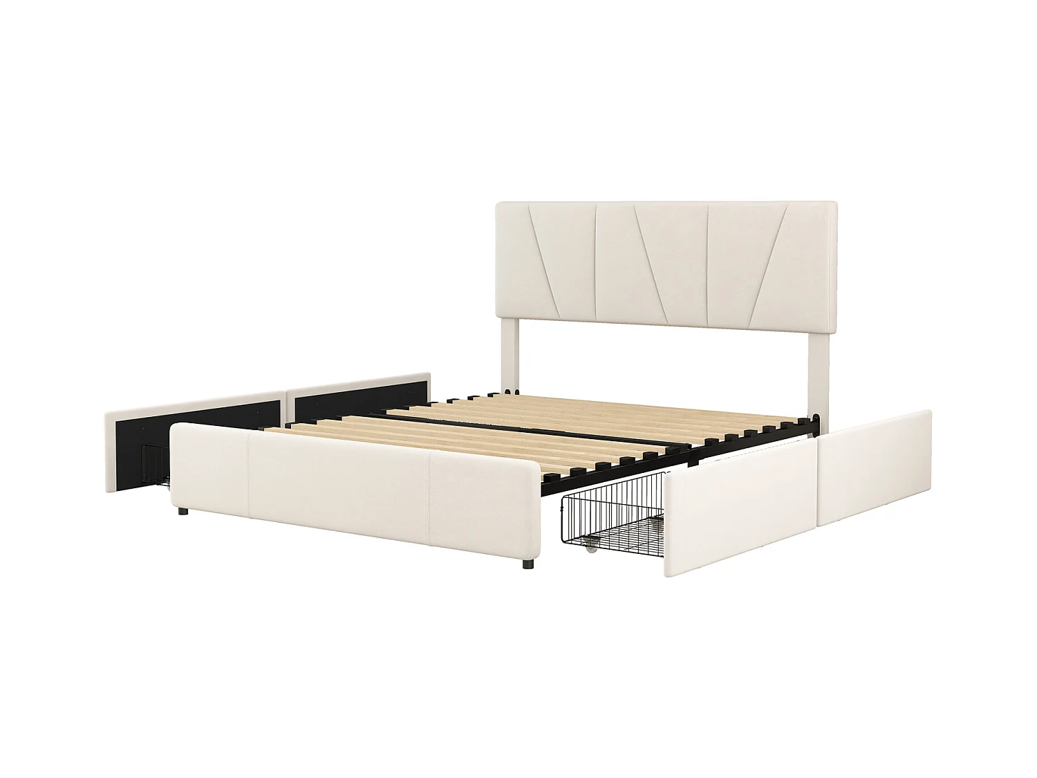 Lit adulte 140x200cm en tissu velours - avec 4 tiroirs - tête de lit réglable et sommier à lattes - Blanc
