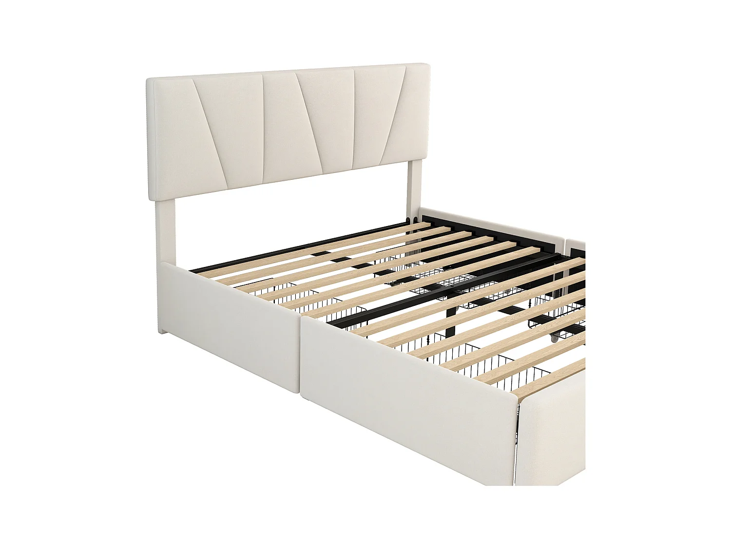 Lit adulte 140x200cm en tissu velours - avec 4 tiroirs - tête de lit réglable et sommier à lattes - Blanc