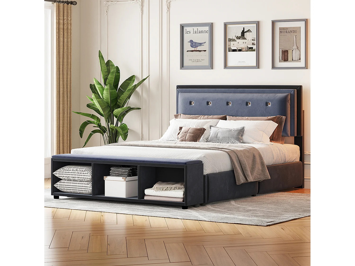 Lit adulte capitonné 140x200 cm, lit double en tissu velours, design 2 tons, avec sommier à lattes, tête de lit réglable, pied de lit avec rangement amovible, gris