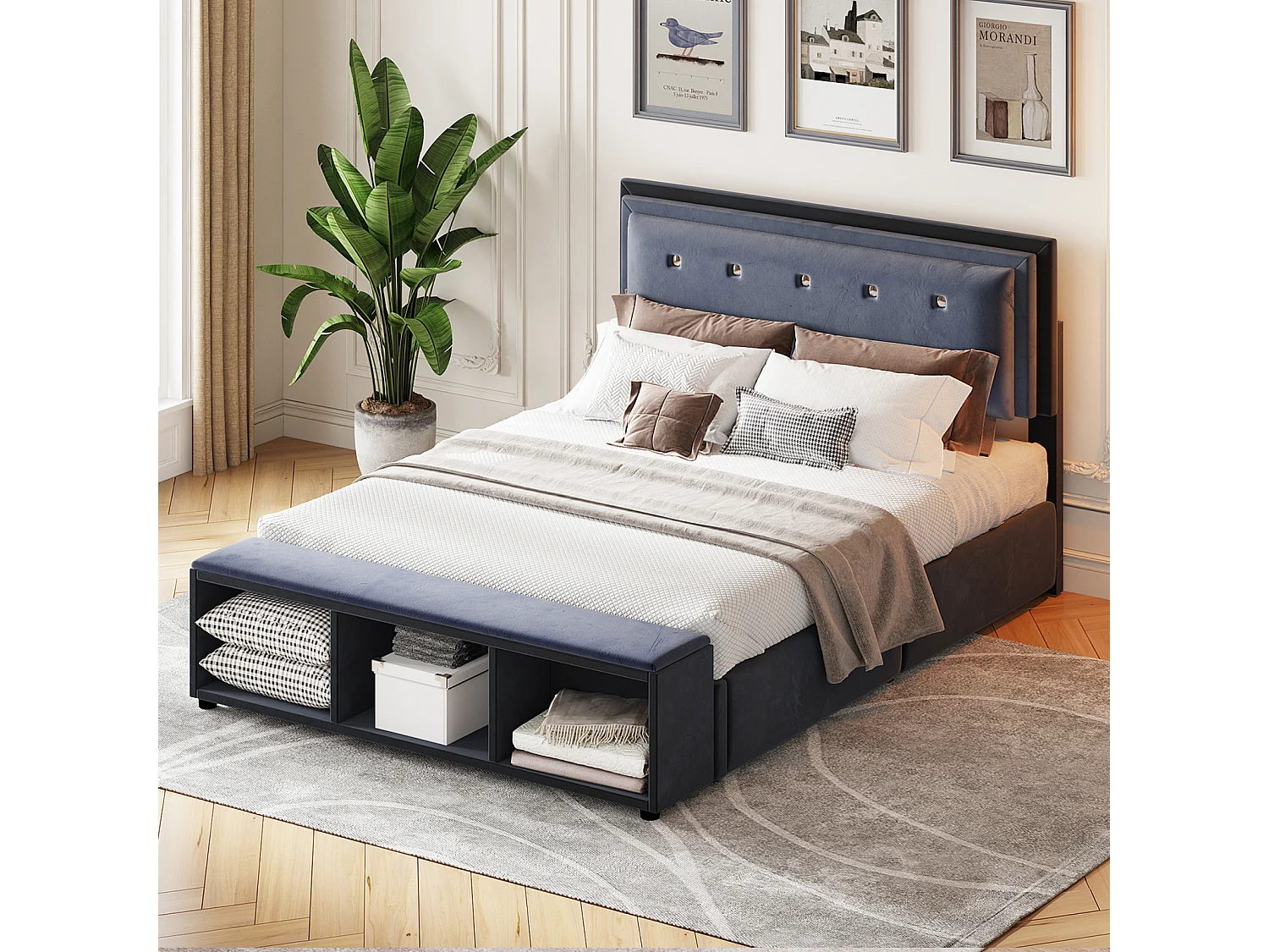 Lit adulte capitonné 140x200 cm, lit double en tissu velours, design 2 tons, avec sommier à lattes, tête de lit réglable, pied de lit avec rangement amovible, gris