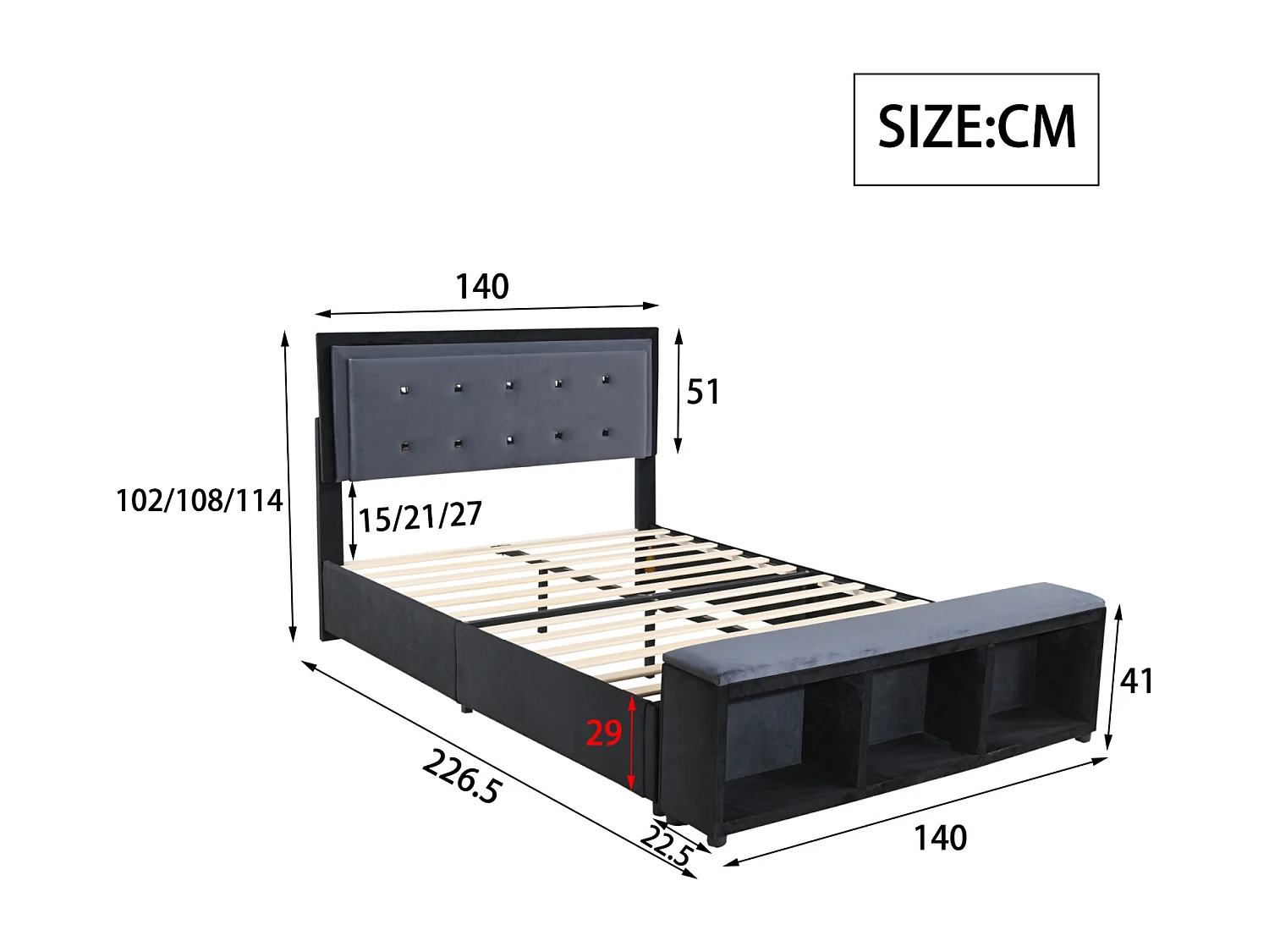 Lit adulte capitonné 140x200 cm, lit double en tissu velours, design 2 tons, avec sommier à lattes, tête de lit réglable, pied de lit avec rangement amovible, gris