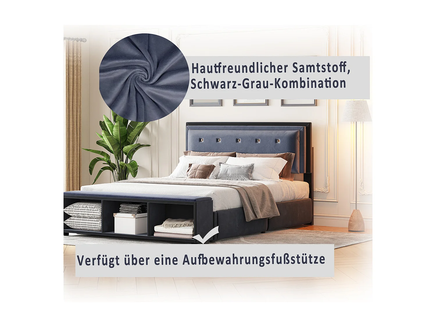 Lit adulte capitonné 140x200 cm, lit double en tissu velours, design 2 tons, avec sommier à lattes, tête de lit réglable, pied de lit avec rangement amovible, gris