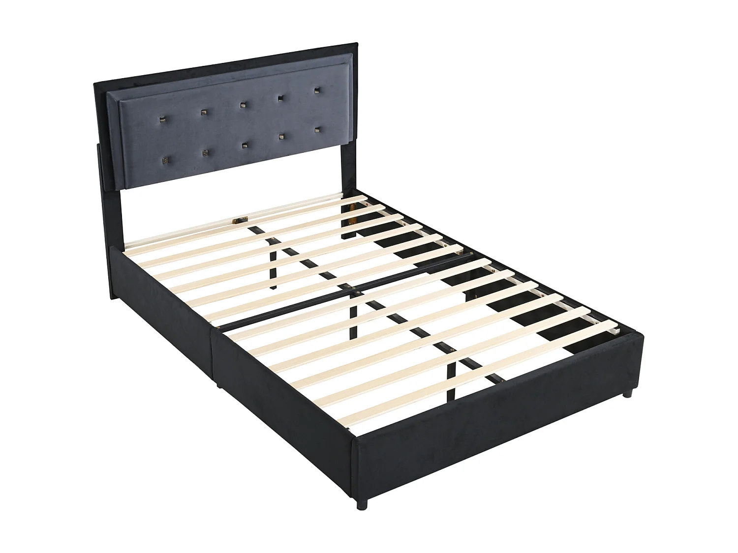 Lit adulte capitonné 140x200 cm, lit double en tissu velours, design 2 tons, avec sommier à lattes, tête de lit réglable, pied de lit avec rangement amovible, gris