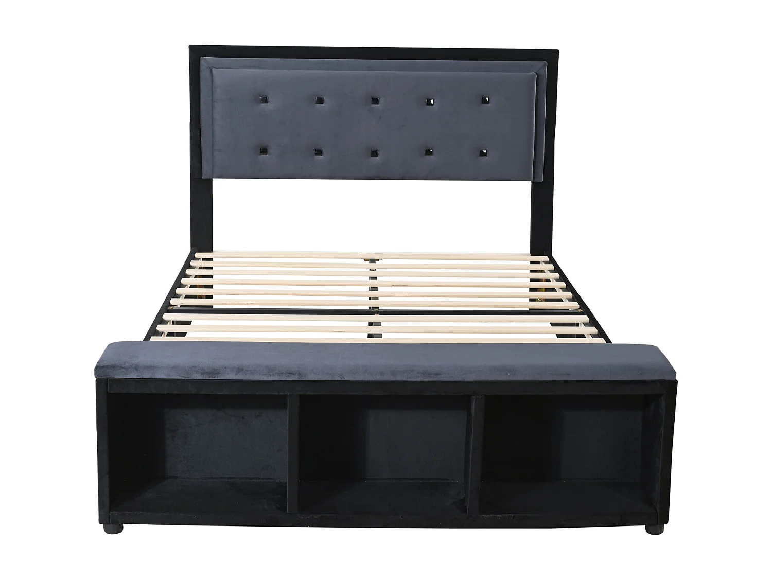 Lit adulte capitonné 140x200 cm, lit double en tissu velours, design 2 tons, avec sommier à lattes, tête de lit réglable, pied de lit avec rangement amovible, gris