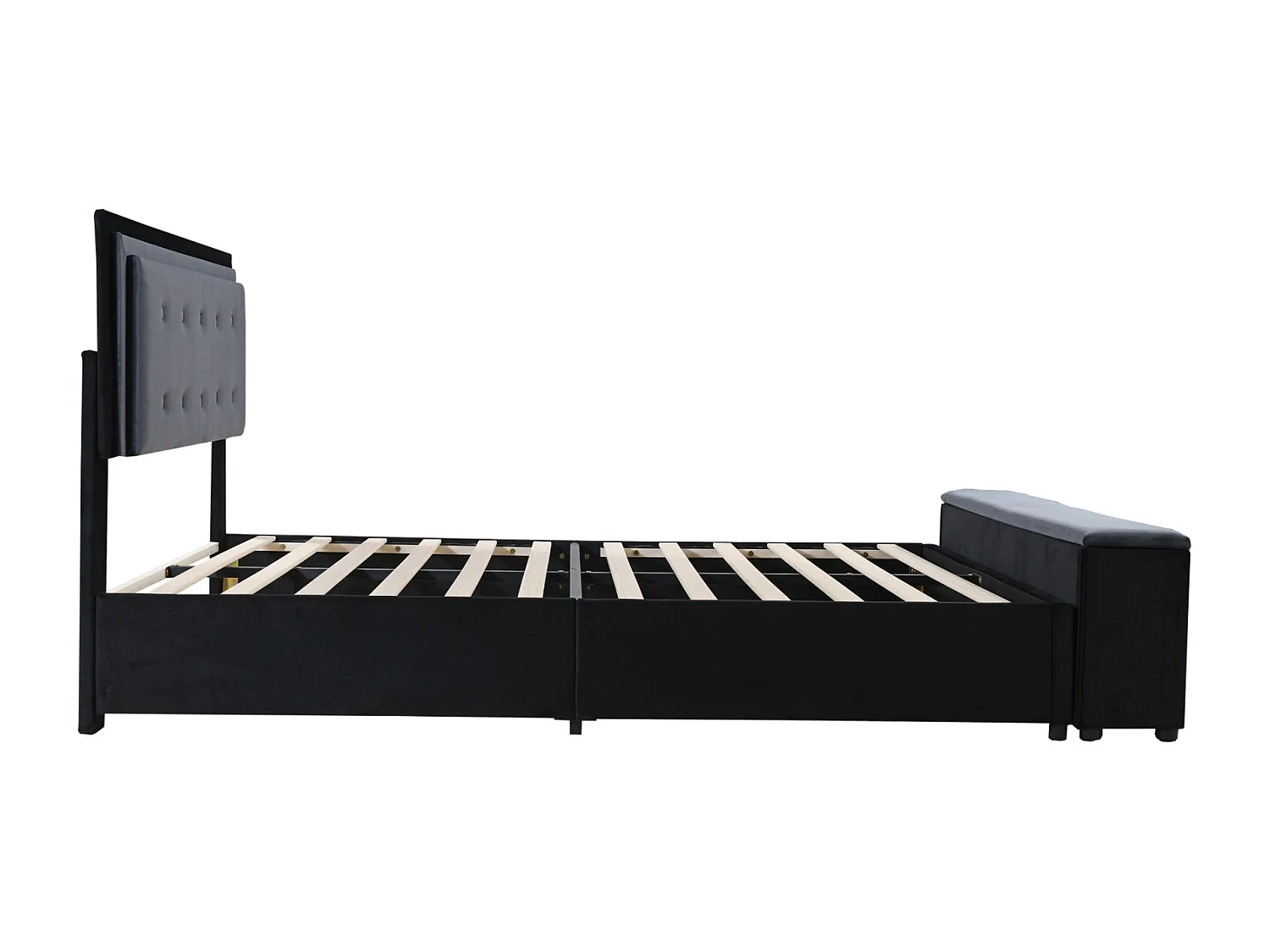 Lit adulte capitonné 140x200 cm, lit double en tissu velours, design 2 tons, avec sommier à lattes, tête de lit réglable, pied de lit avec rangement amovible, gris