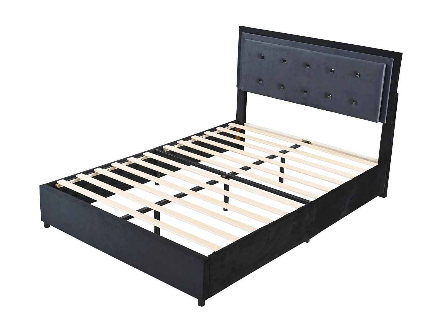 Lit adulte capitonné 140x200 cm, lit double en tissu velours, design 2 tons, avec sommier à lattes, tête de lit réglable, pied de lit avec rangement amovible, gris