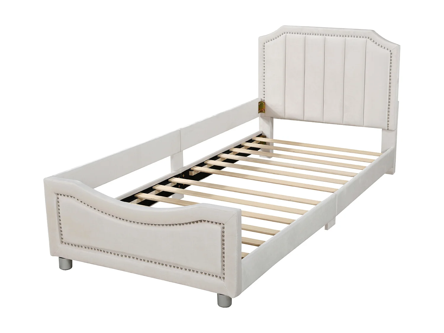 Cama individual infantil 90x200cm, tapizada en franela, cama plana con 1 estructura lateral, con somier y cabecero, color beige