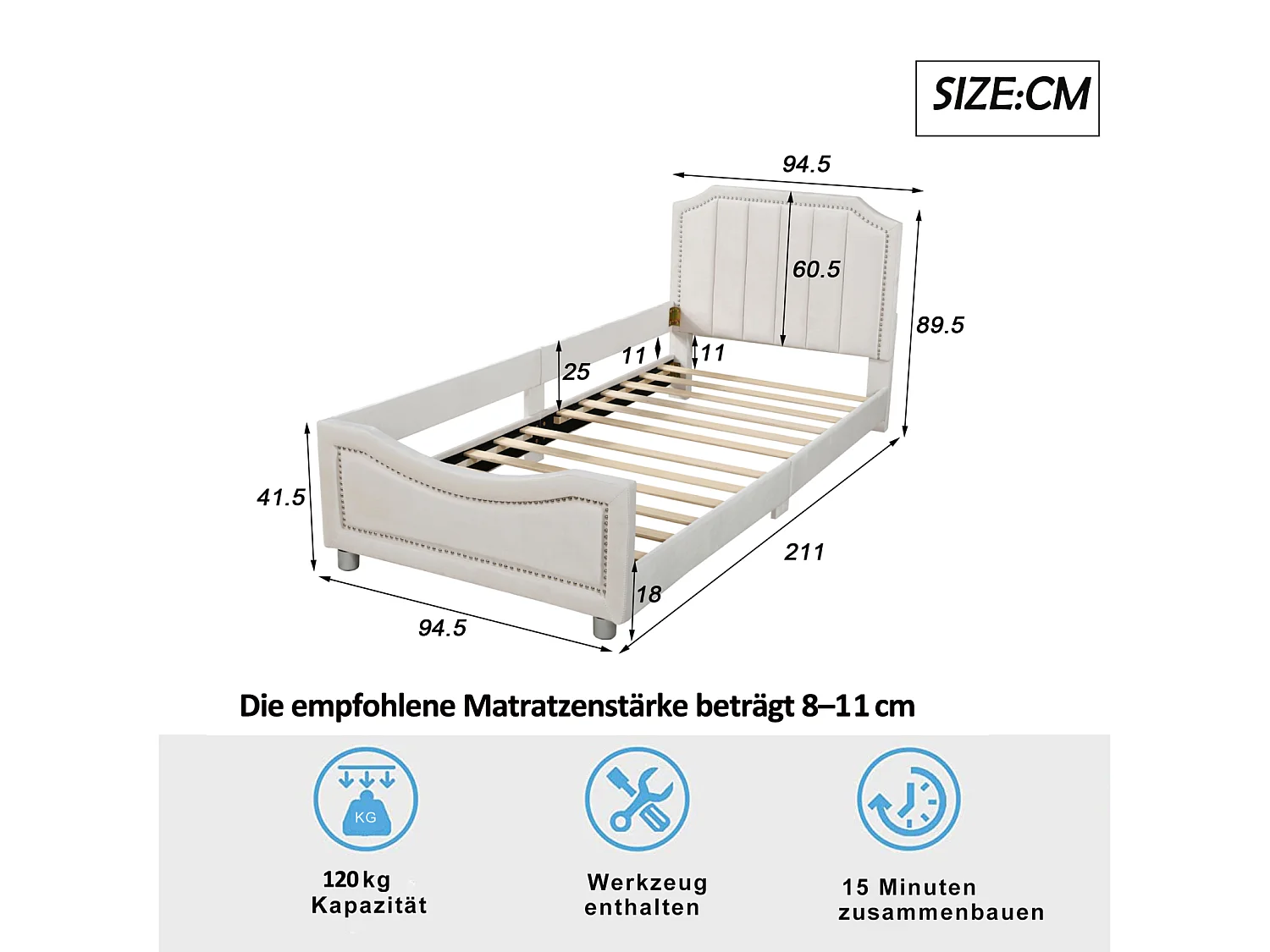 Lit simple d'enfant 90x200cm, lit rembourré en flanelle, lit plat avec 1 entourage latéral, avec sommier à lattes et tête de lit, beige
