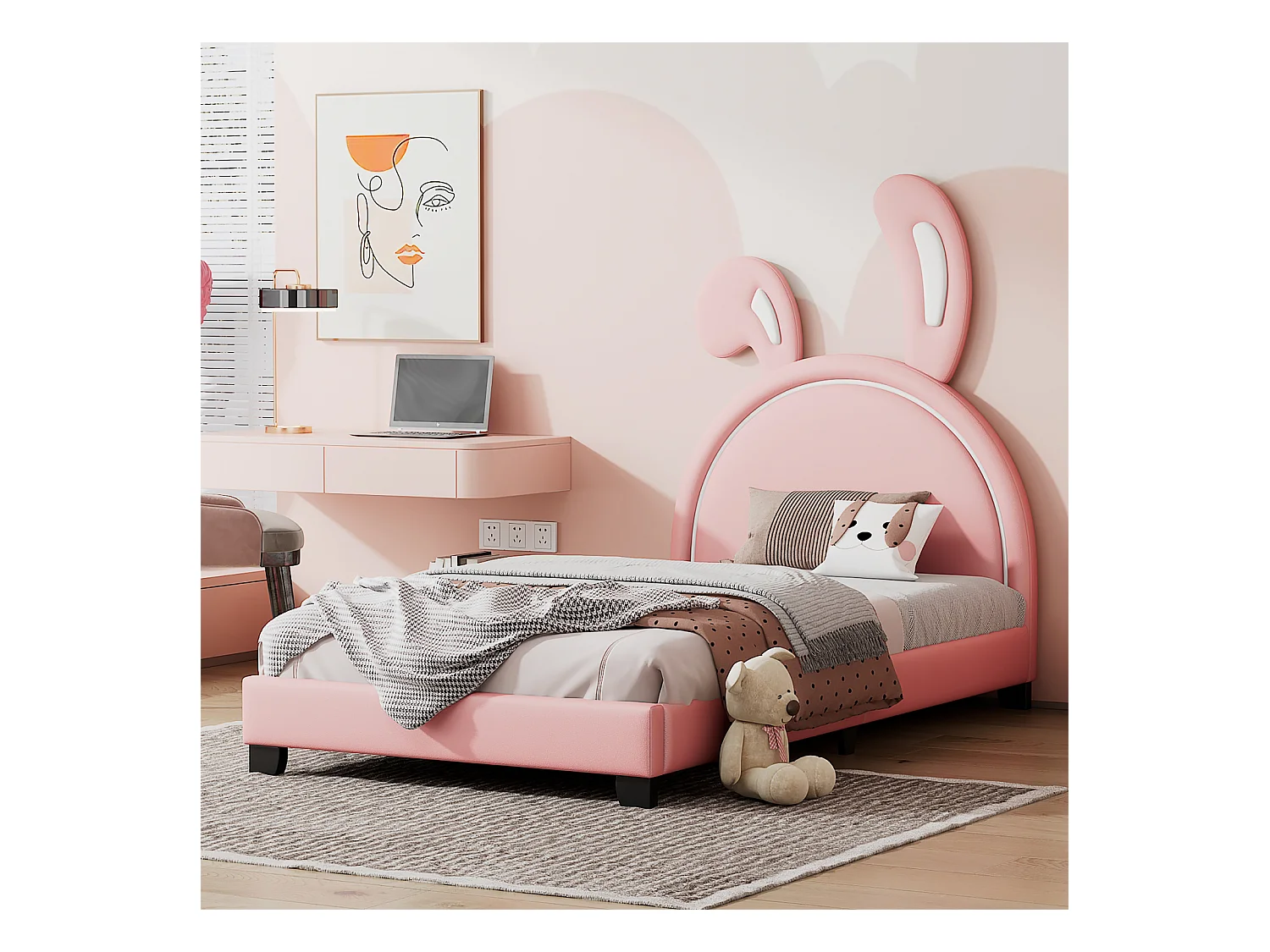 Gestoffeerd eenpersoonsbed 90x200cm - Kinderbed met konijnenoor hoofdbord + lattenbodem + verhoogde poten - Roze