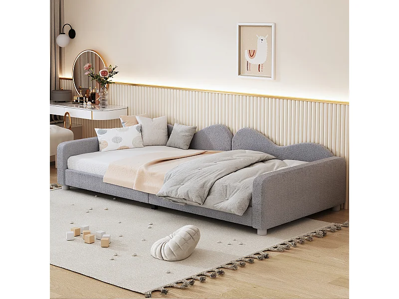 Letto singolo per bambini 90x200cm - Letto imbottito in tessuto Teddy con base e schienale e braccioli, divano letto grigio