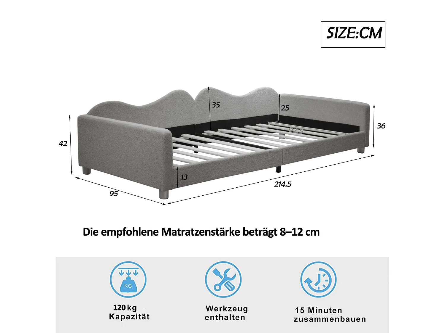 Kinderbed 90x200cm - Teddy stoffen gestoffeerd bed met onderstel, rugleuning en armleuningen, grijze slaapbank