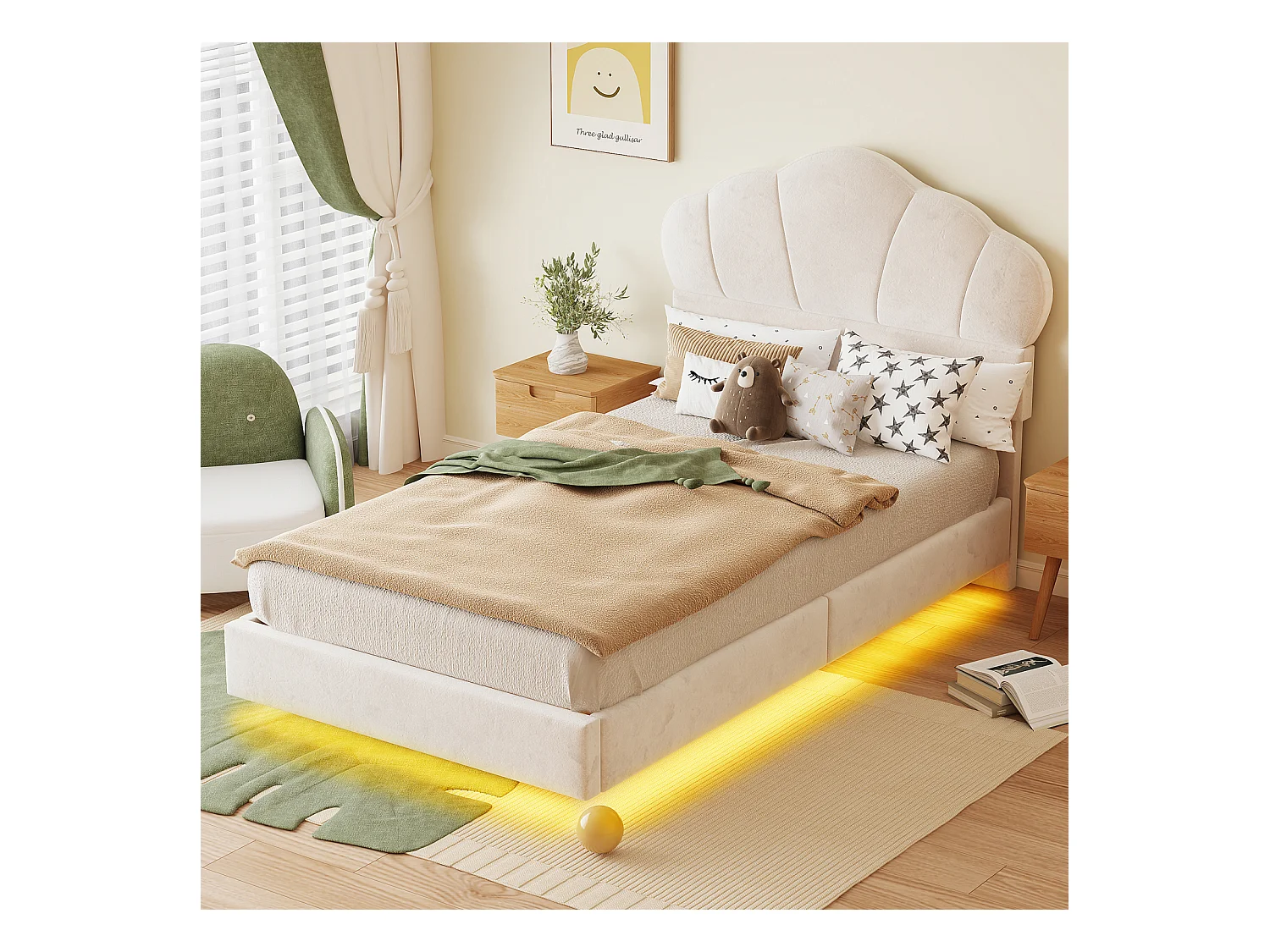 Eenpersoonsbed 90x200cm, LED-bed met lattenbodem en hoofdbord in de vorm van een wolk, verborgen voeteneinde, beige fluwelen stof