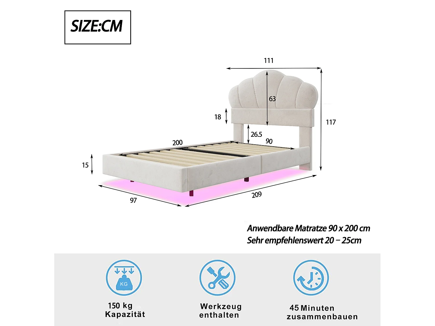 Lit simple 90x200cm, lit LED avec sommier à lattes et tête de lit en forme de nuage, pied de lit dissimulé, tissu velours beige