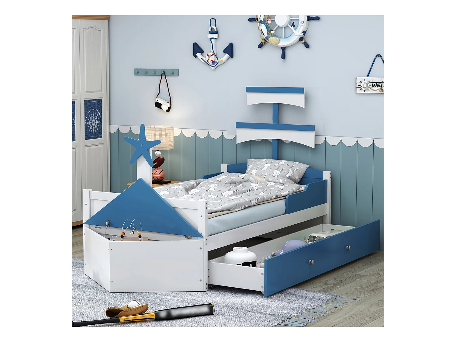 Lit simple enfant 90x200cm, cadre de lit en forme voilier avec 1 grand tiroir, sommier à lattes, placard de rangement, bleu